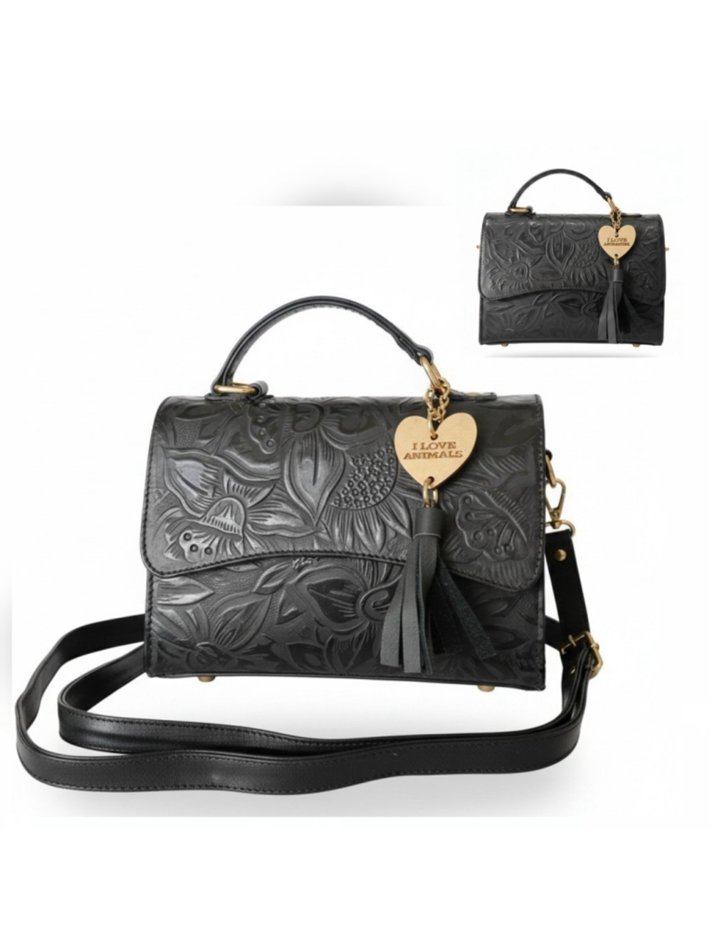 Black Sunflower Embossed Tooled Artisan Leather Crossbody Bag Purse Bolsa Piel - Picture 2 of 16